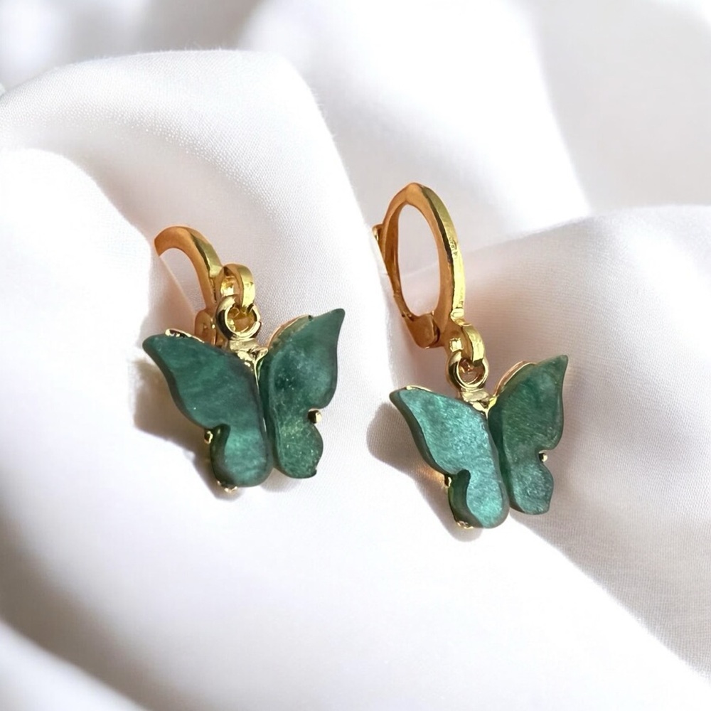 emerald green butterfly huggie hoop earrings